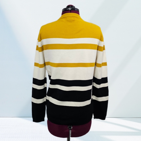 H&M Mens Jumper White Mustard Black Striped Knit Long Sleeve Crewneck - Picture 6 of 13